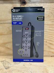 lot 52 image: Commercial Electric 6 ft. 12-Outlet Black Surge Protector with USB