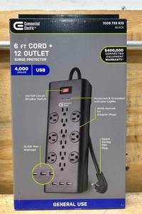 lot 72 image: Commercial Electric 6 FT Cord  12 Outlet Surge Protector