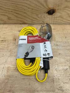lot 189 image: Prime Wire & Cable TL010625 25 ft. 16 - 03 - 15 SJT Metal Guard Work Light Cord Yellow & Outlet