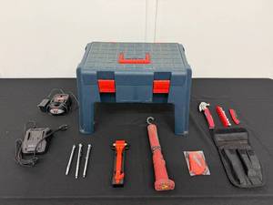 lot 9 image: Portable Tool Box with Protocol Multitool, Bits, Emergency Hammer, Ryobi Charger, and Accessories