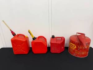 lot 16 image: Group of 4 Red Gas Cans and Safety Containers with Spouts
