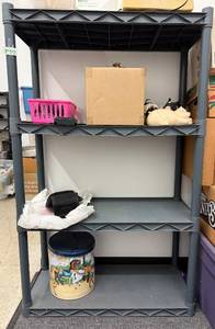 lot 28 image: Plastic 4-Shelf Storage Shelving Unit 50in x 34in x  - contents not included