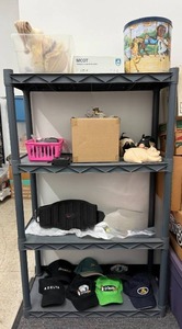lot 29 image: Plastic 3 Shelf Rack w Misc Household Contents Inc Nike Training Belt, Hats, Tin, Animal Figurines & Bank & More