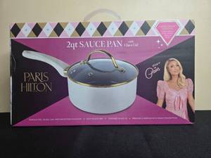 lot 60 image: Paris Hilton 2qt Sauce Pan with Glass Lid, Ceramic Nonstick in Orig Box