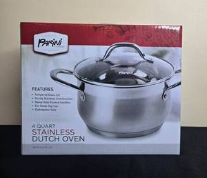 lot 61 image: Parini 4 Quart Stainless Steel Dutch Oven with Glass Lid in Orig Box
