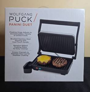 lot 64 image: Wolfgang Puck Panini Duet Grill with Nonstick Ribbed Cooking Plates in Orig Box