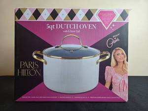 lot 72 image: Paris Hilton 5qt Dutch Oven with Glass Lid Clean Ceramic Nonstick in Orig Box