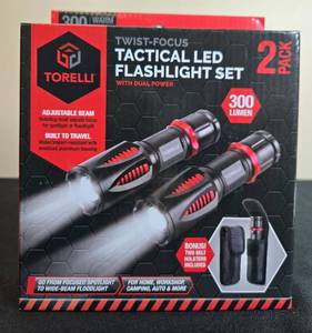 lot 85 image: Torelli Twist-Focus Tactical LED Flashlight Set 2 Pack with Holsters in Orig Box