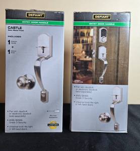 lot 144 image: Lot of 2 Defiant Castle Satin Nickel Entry Door Handle Sets in Orig Pkg