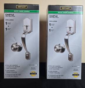 lot 146 image: Lot of 2 Defiant Castle Satin Nickel Entry Door Handle Sets in Orig Pkg
