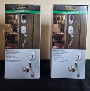 lot 147 image: Lot of 2 Defiant Entry Door Handle Sets Satin Nickel Finish Castle in Orig Pkg