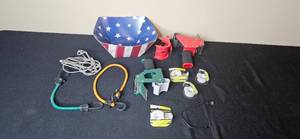 lot 169 image: Office and Packaging Supplies Lot with Tape Dispensers, Tape Rolls, Bungee Cords, USB Cables, and Patriotic Bowl
