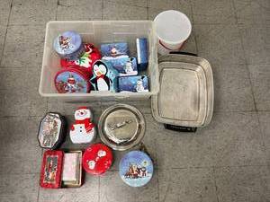 lot 204 image: Holiday and Winter Themed Tin Collection with Metal Cookware and Plastic Container