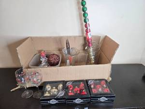 lot 221 image: Holiday Decor and Household Variety Lot with Glass Ornaments and Kitchen Items