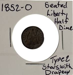 lot 13 image: 1852-O Seated Liberty Half Dime, Type 2 with Drapery and Stars.