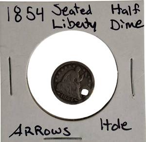 lot 15 image: 1854 Seated Liberty Half Dime, Type 3, with Arrows at Date.
