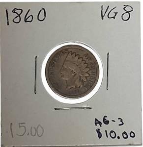 lot 16 image: 1860 Indian Head Cent, graded VG 8 and AG 3.