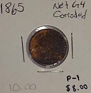 lot 19 image: 1865 Indian Head Cent, Net Grade G4, Corroded, P-1.