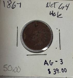 lot 21 image: 1867 Indian Head Cent, Net Grade G4, with a hole, AG-3.