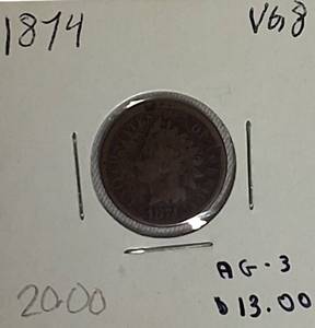 lot 22 image: 1874 Indian Head Cent, graded VG8 and AG3.