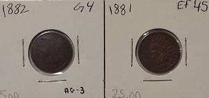 lot 26 image: 1818 Indian Head Cent in EF45 condition and 1882 Indian Head Cent in AG-3 to G4 condition.