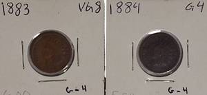 lot 27 image: 1883 Indian Head Cent in Very Good (VG8) condition and 1884 Indian Head Cent in Good (G4) condition.