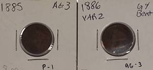lot 28 image: 1885 Indian Head Cent, AG-3, P-1  1886 Indian Head Cent, Variety 2, G-4, bent, AG-3..