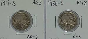 lot 32 image: 1919 & 1920  Indian Head Buffalo Nickels