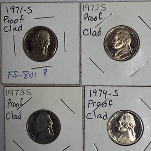lot 39 image: 1971-S ,1972-S, 1973-S & 1974-S Jefferson Nickel Clad Proofs