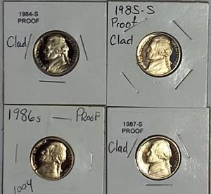 lot 42 image: 1984,1985,1986 & 1987 Jefferson Nickel Clad Proofs