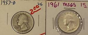lot 64 image: 1937-D V & 1961 MSG5 Washington Silver  Quarters