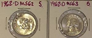 lot 67 image: 1962-D MS62 & 1962-D MS63 Washington Silver  Quarters