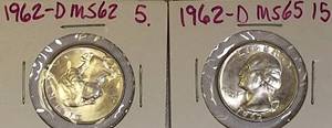 lot 68 image: 1962-D MS62 & 1962-D MS65 Washington Silver  Quarters
