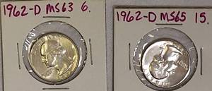 lot 69 image: 1962-D MS63 & 1962-D MS65 Washington Silver Quarters