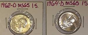 lot 70 image: 1962- D MS65 & 1964- D MS65 Washington Silver Quarters