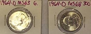 lot 71 image: 1964-D MS63 Washington Silver Quarter & 1964-D MS68 Washington Silver Quarter