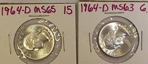 lot 72 image: 1964-D MS65 & 1964-D MS63 Washington Silver Quarters