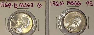 lot 73 image: 1964-D MS63 Washington Silver Quarter & 1964-MS66 Washington Silver Quarter
