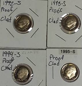 lot 74 image: 1992 to 1995 Roosevelt Dime Clad Proofs from the San Francisco Mint.
