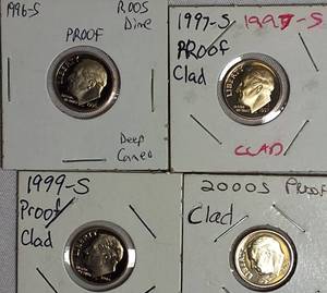 lot 75 image: 1996 ,1997, 1999 & 2000  Roosevelt Dime Clad Proofs from the San Francisco Mint.