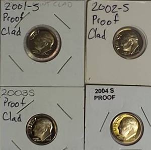 lot 76 image: 2001 -2004 Roosevelt Dime Clad Proofs from the San Francisco Mint.