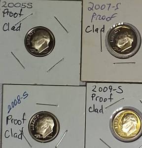 lot 77 image: 2005,2007,2008 & 2009  Roosevelt Dime Clad Proofs from the San Francisco Mint.