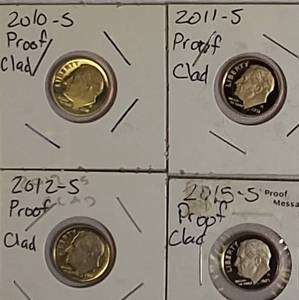 lot 78 image: 2010,2011,2012 & 2015  Roosevelt Dime Clad Proofs from the San Francisco Mint.