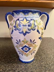 lot 32 image: Hand-Painted Ceramic Vase with Dual Handles and Floral Motif, 12 Inch
