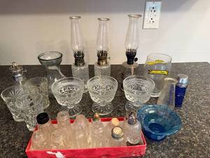 lot 45 image: Collection of Vintage Glass Oil Lamps, Crystal Glassware, and Salt Shakers