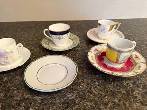 lot 54 image: Set of 4 Assorted Vintage Demitasse Cup and Saucer Sets - Royal Doulton, Weimar, Limoges, Avon