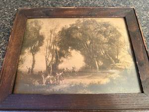 lot 55 image: Framed Antique Sepia Tone Photograph of Dancing Figures in Forest Scene