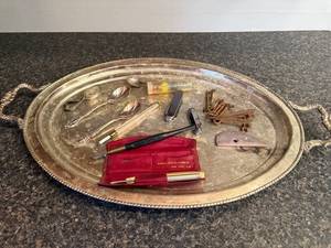 lot 58 image: Vintage Collection with Silverplated Serving Tray, Spoons, Razors, Marbles, and Keys
