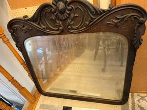 lot 73 image: Antique Ornate Wood Framed Wall Mirror with Carved Detailing