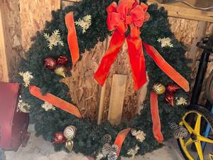 lot 81G image: Large Holiday Wreath with Red Ribbon, Pinecones, and Ornaments Approx 48